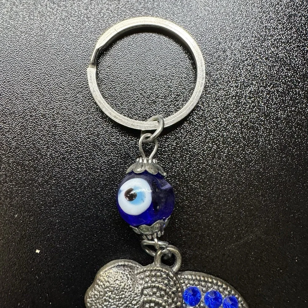 Elephant Keychain Blue Rhinestone Evil Eye Charm Silver Tone Good‎ Luck